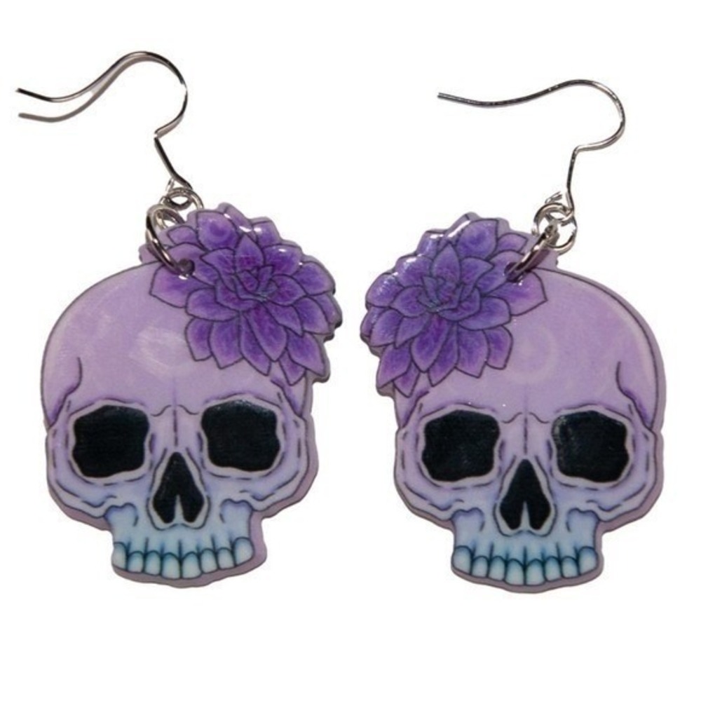 Purple Skull Flower Earrings Goth Hypoallergenic 925 Silver Dangle Jewelry